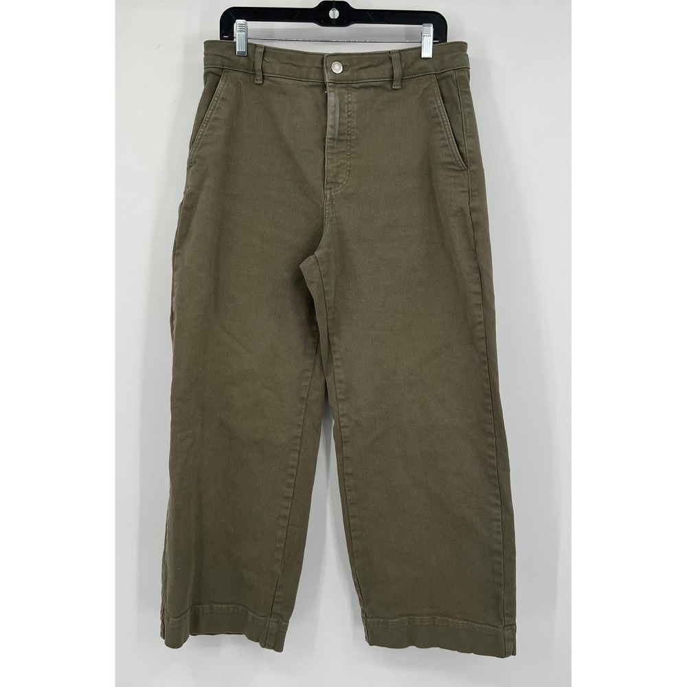 Everlane Wide Leg Crop Pants Olive Green High Rise Twill Trousers 12R